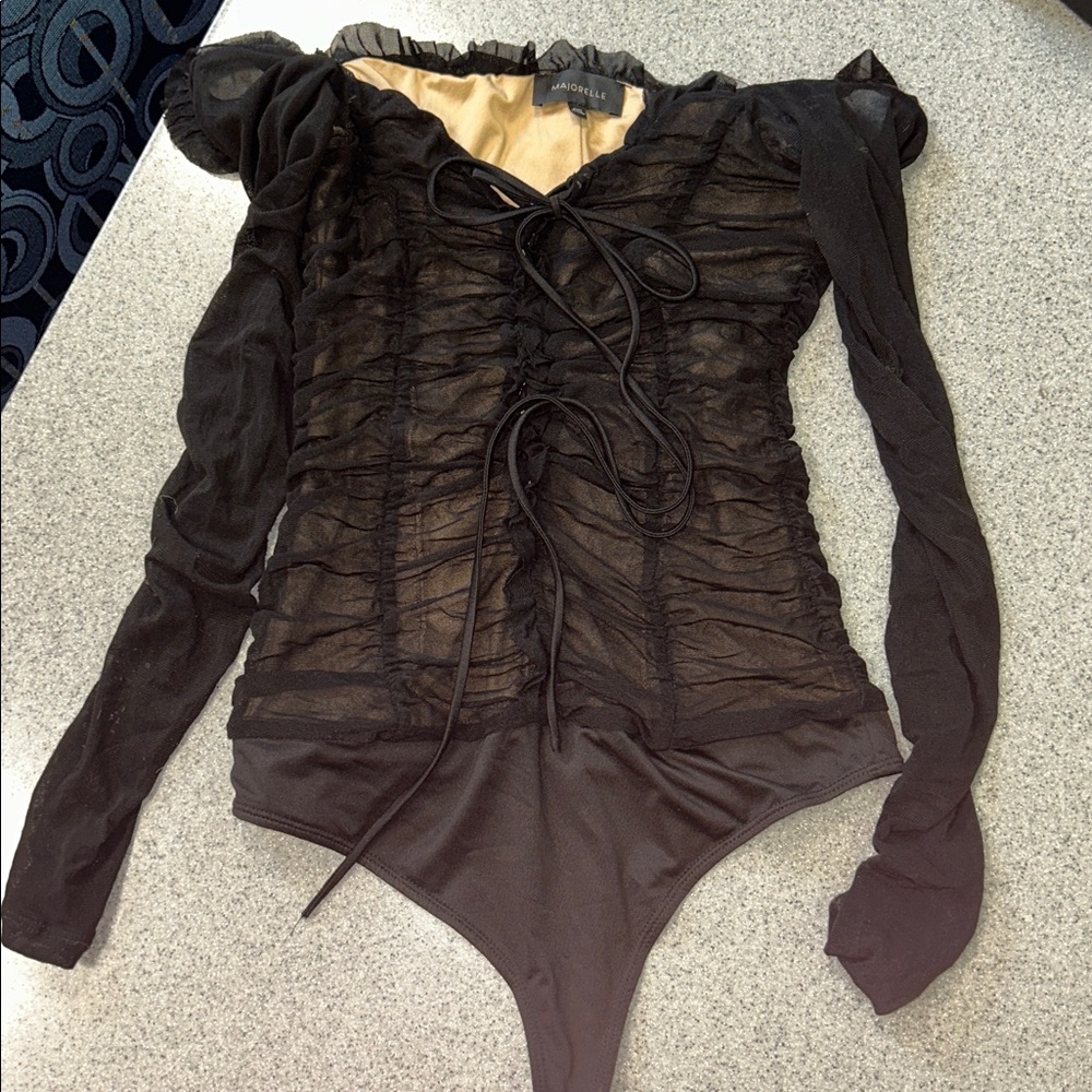 MAJORELLE sz S Black mesh Tan Lined snap thong sexy bodysuit lace up & Tie front - Picture 4 of 6